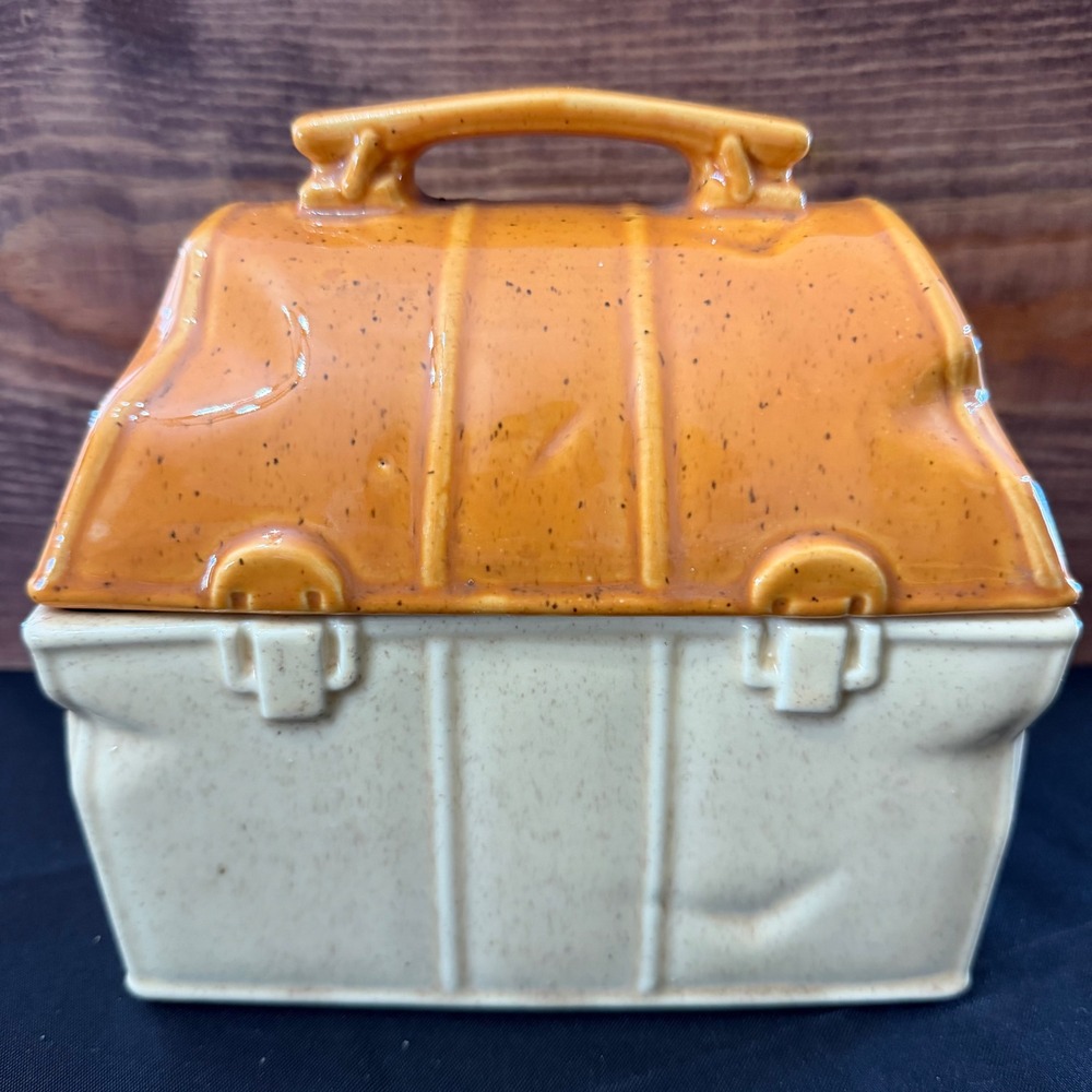 Vintage USA Ceramic Lunch Box Cookie Jar Orange Cream Speckled Glaze Retro